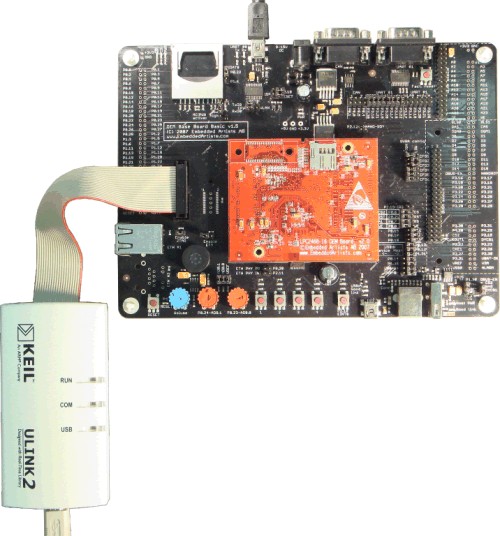MCB2400 board connected to the ULINK JTAG Adapter