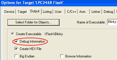 Options for Target - Output - Debug Information Selection
