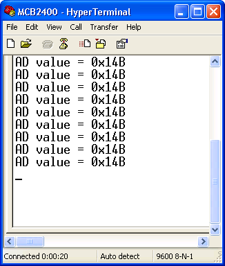 Hyperterm screen showing AD Value results.
