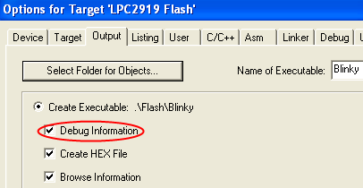 Options for Target - Output - Debug Information Selection