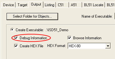Options for Target - Output - Debug Information Selection