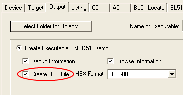 Options for Target - Create HEX File