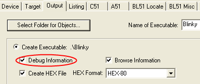 Options for Target - Output - Debug Information Selection