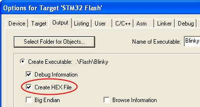 Options for Target — Create HEX File