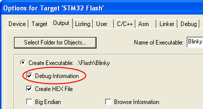 Options for Target — Output — Debug Information Selection