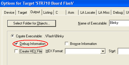 Options for Target - Output - Debug Information Selection