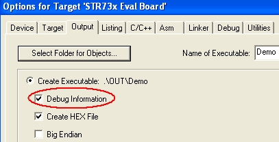 Options for Target - Output - Debug Information Selection