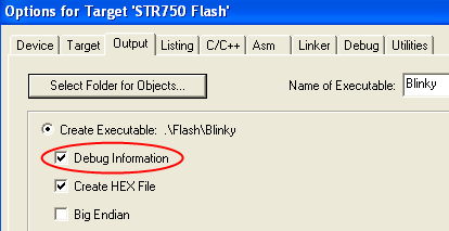Options for Target — Output — Debug Information Selection