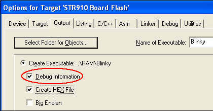 Options for Target - Output - Debug Information Selection