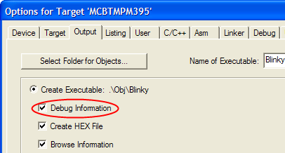 Options for Target — Output — Debug Information Selection