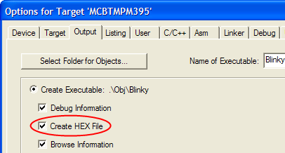 Options for Target — Create HEX File