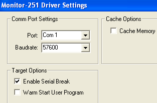Options for Target, Monitor-251 Driver Settings