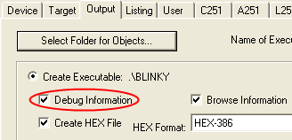 Options for Target — Output — Debug Information Selection