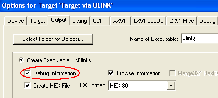 Options for Target - Output - Debug Information Selection