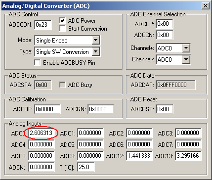 ADuC7000 A/D Converter Peripheral Dialog
