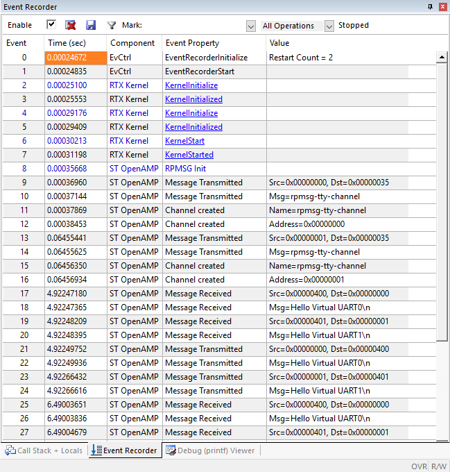 OpenAMP events shown in Event Recorder