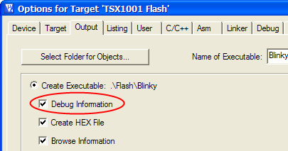 Options for Target — Output — Debug Information Selection