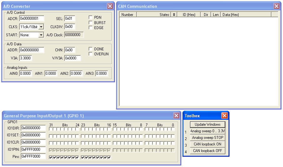 Toolbox, Analog/Digial Converter, and I/O Port 2 Windows