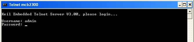 Telnet mcb2100 Login window