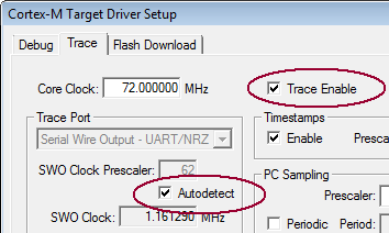 Set the Serial Wire Trace options