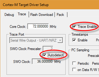 Set the Serial Wire Trace options