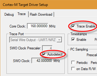 Set the Serial Wire Trace options