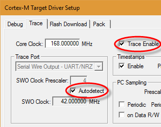 Set the Serial Wire Trace options