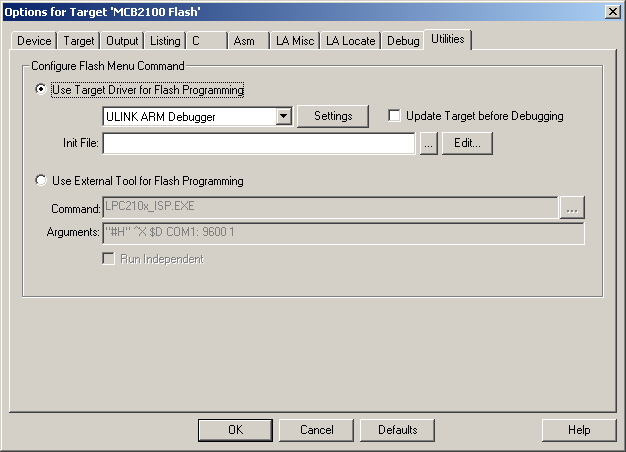 Options for Target — Utilities Dialog