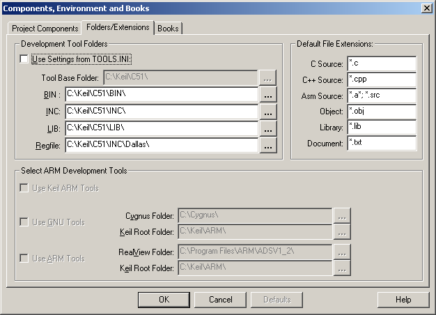 Components, Environments and Books Dialog — Folders/Extensions Tab