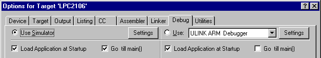 Options for Target — Debug Dialog