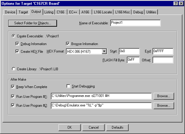 Options for Target — User Dialog