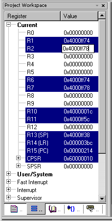 Project Workspace — CPU Registers Window