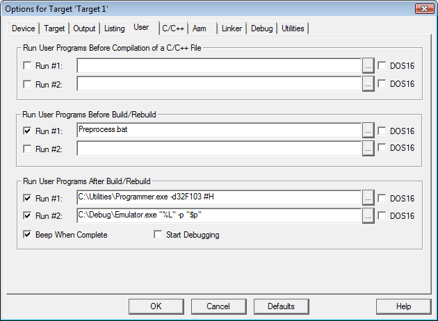 ［ターゲットのオプション］（Options for Target）→［ユーザ］（User）ダイアログ