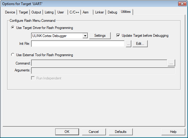 ［ターゲットのオプション］（Options for Target）→［ユーティリティ］（Utilities）ダイアログ