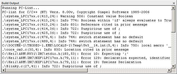 PC-Lint の出力ウィンドウのサンプル